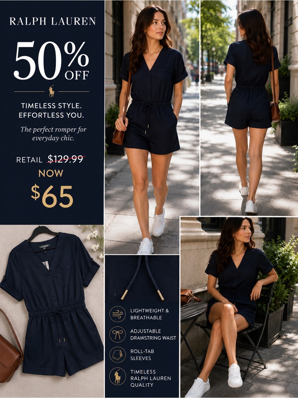Ralph Lauren Navy Short Sleeve Drawstring Romper